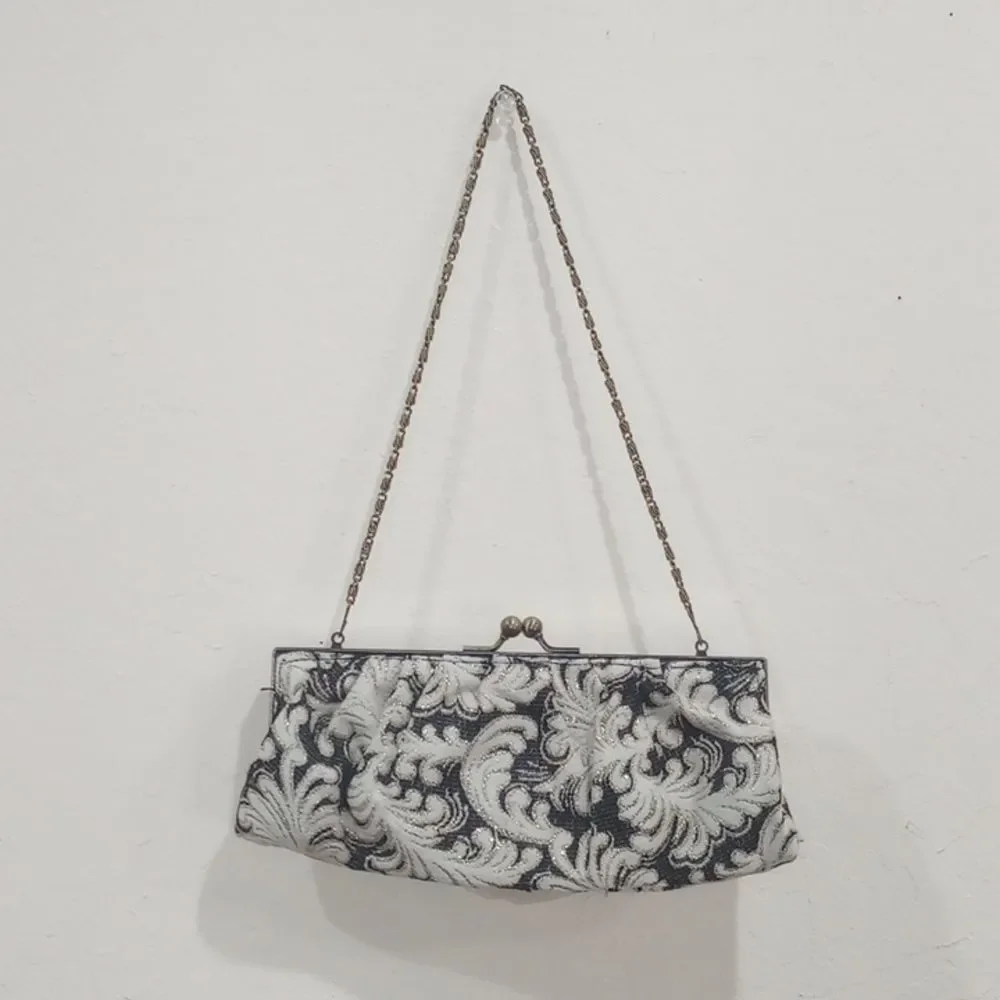 Black & Cream Brocade Evening Bag Clutch Satin Flower, Lace Netting, Chain Strap